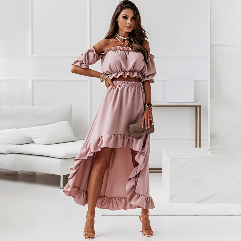 Sexy Off Shoulder Two Piece Set Women Summer Ruffle Backless Outfits Puff Sleeve Strapless Beach Party Skirts 2 Piece Sets Robe