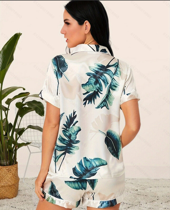 Pigiama da donna Set primavera estate 2 pezzi stampa pigiama Faux Silk Satin Sleepwear Button manica corta Pijama Mujer Pjs Homewear