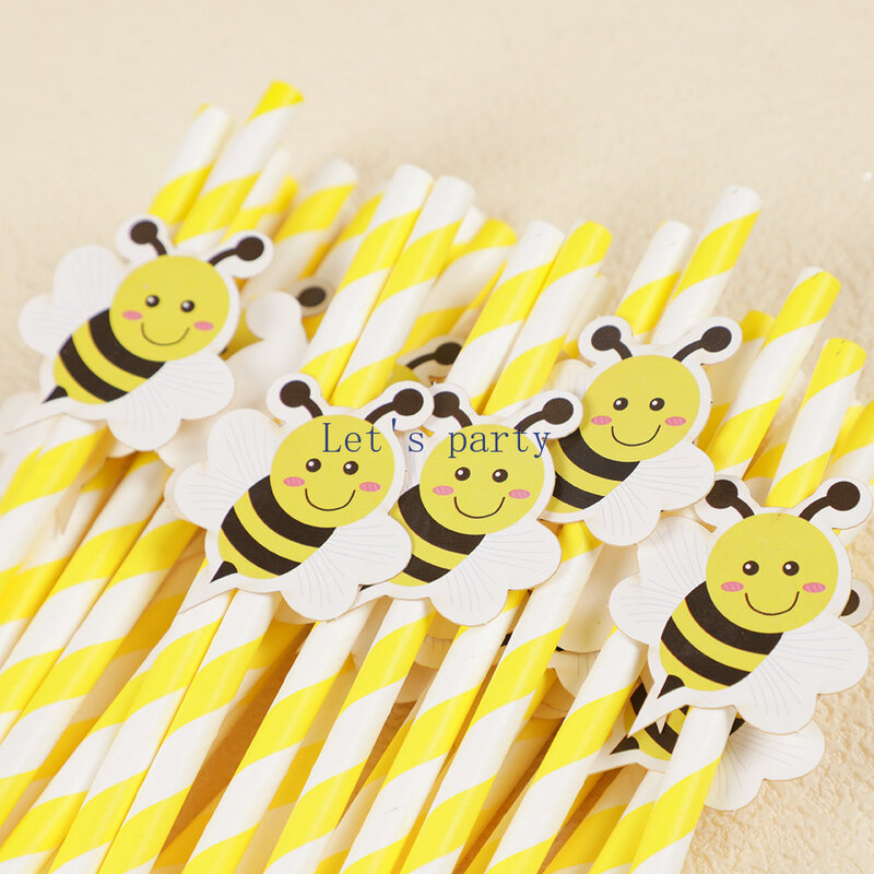 30Pcs Sweet Bee Theme Disposable Paper Straws Bar Drinking Straw Tableware for Kids Birthday Baby Shower Party Decorations