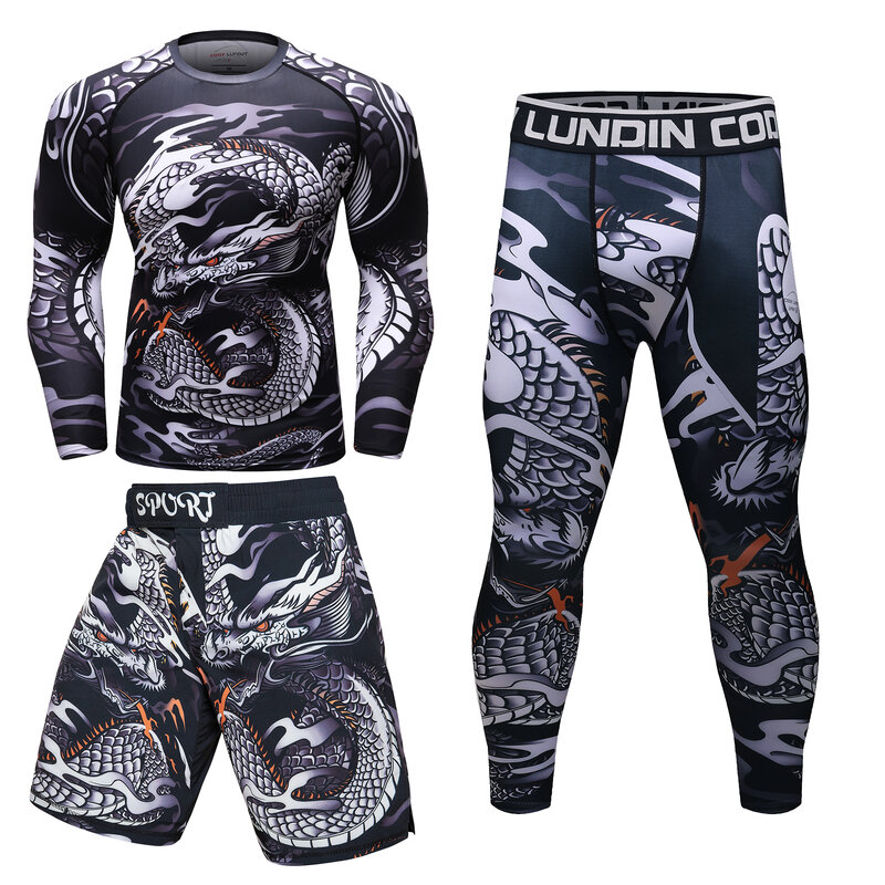 Traje Rashguard con estampado de dragón para hombre, conjunto corto de ropa de Kickboxing, camiseta de compresión, Kit de MMA de Boxeo Tailandés
