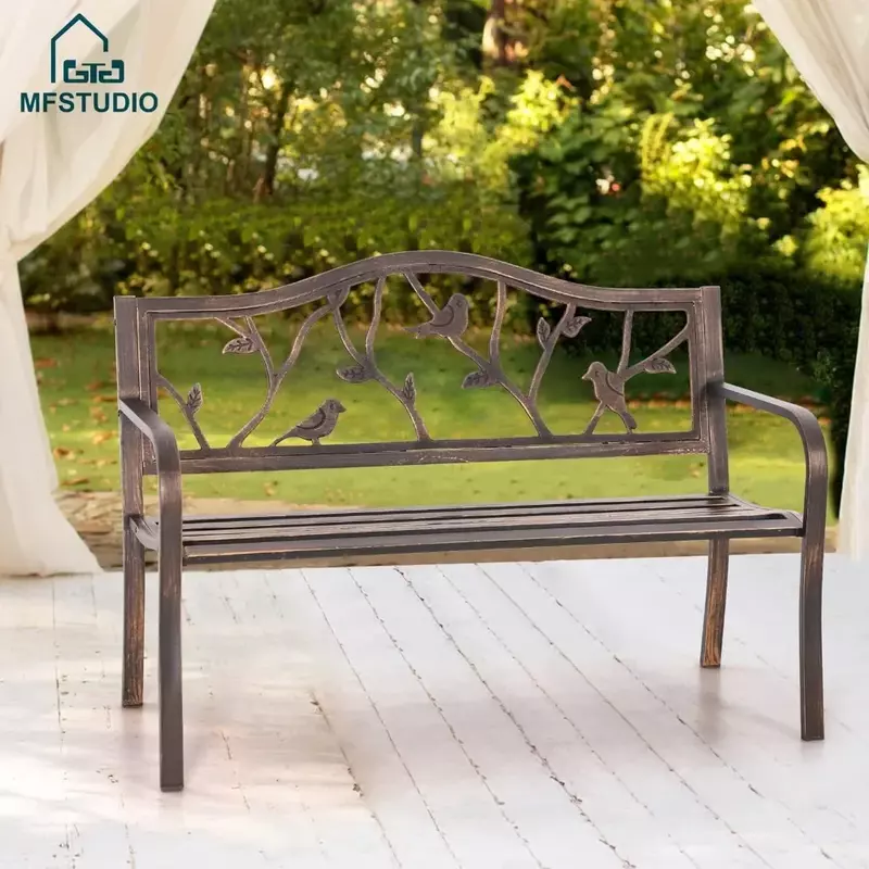 Скамейка для парка с металлической рамой, 50 дюймов, со спинкой с узором птиц для крыльца, лужайки, палубы, бронзовые скамейки для внутреннего дворика