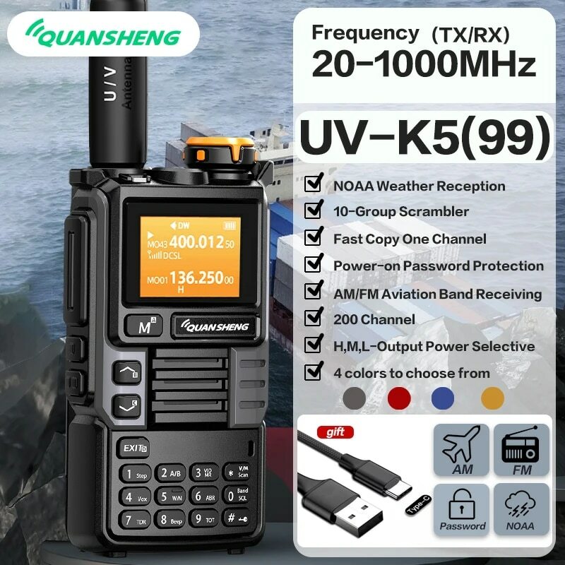 Quansheng-walkie-talkie UV-K6, Radio de banda aérea de 5W, carga UHF, VHF, DTMF, FM, codificador NOAA, frecuencia inalámbrica, bidireccional, CB