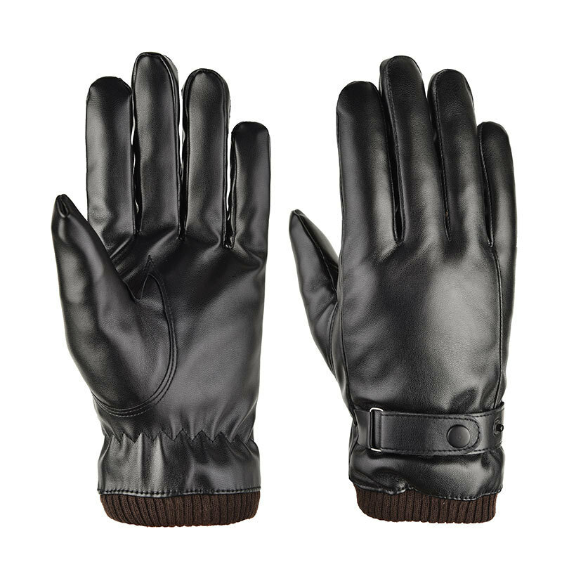 Guanti Touch Screen in Pu per uomo guanti caldi invernali in lana nera guanti da guida all'aperto di moda in velluto spesso