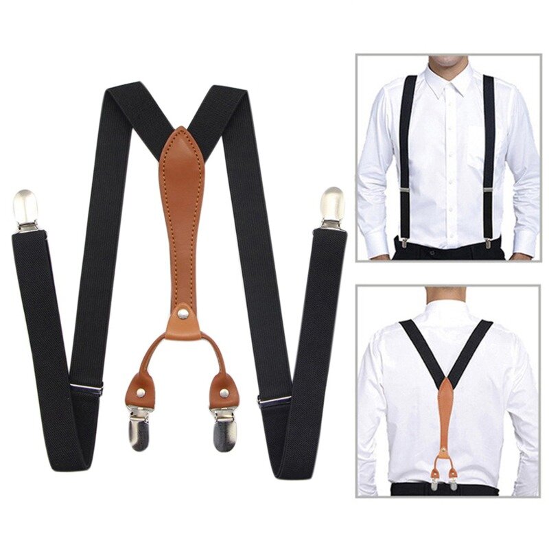 4คลิปสีดำผู้ชาย Suspenders สำหรับชาย2.5/2ซม.กางเกง Suspenders ปรับสีดำ