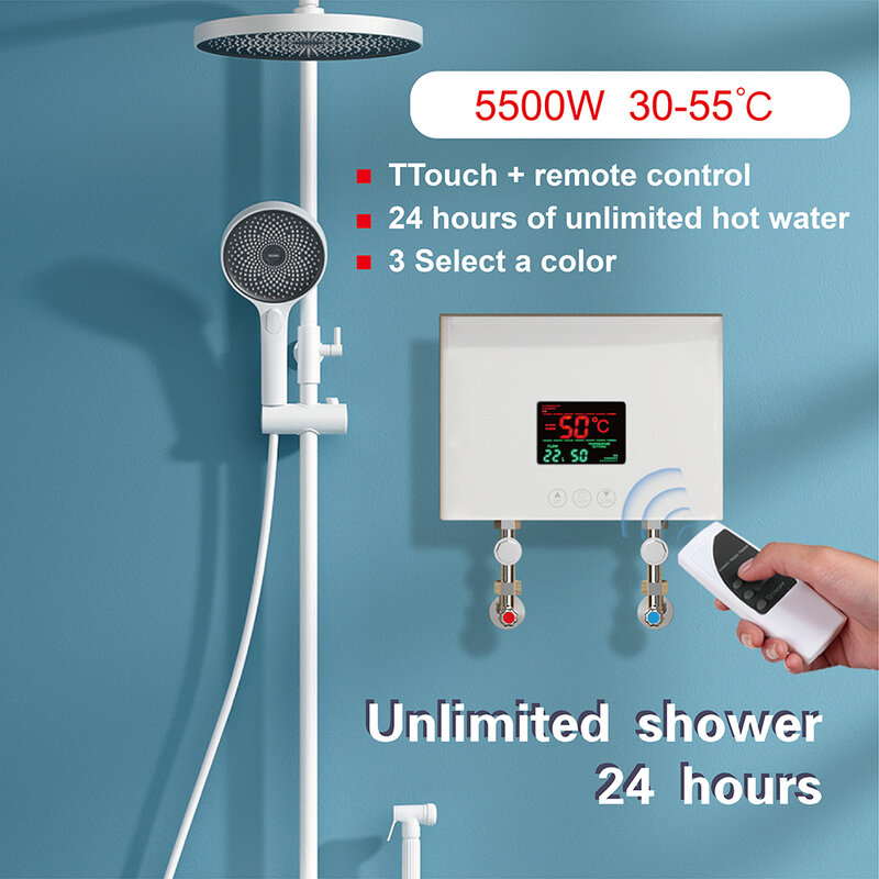 Aquecedor de água elétrico montado na parede com controle remoto, aquecedor instantâneo, display de temperatura LCD, banheiro e cozinha, 110V, 220V