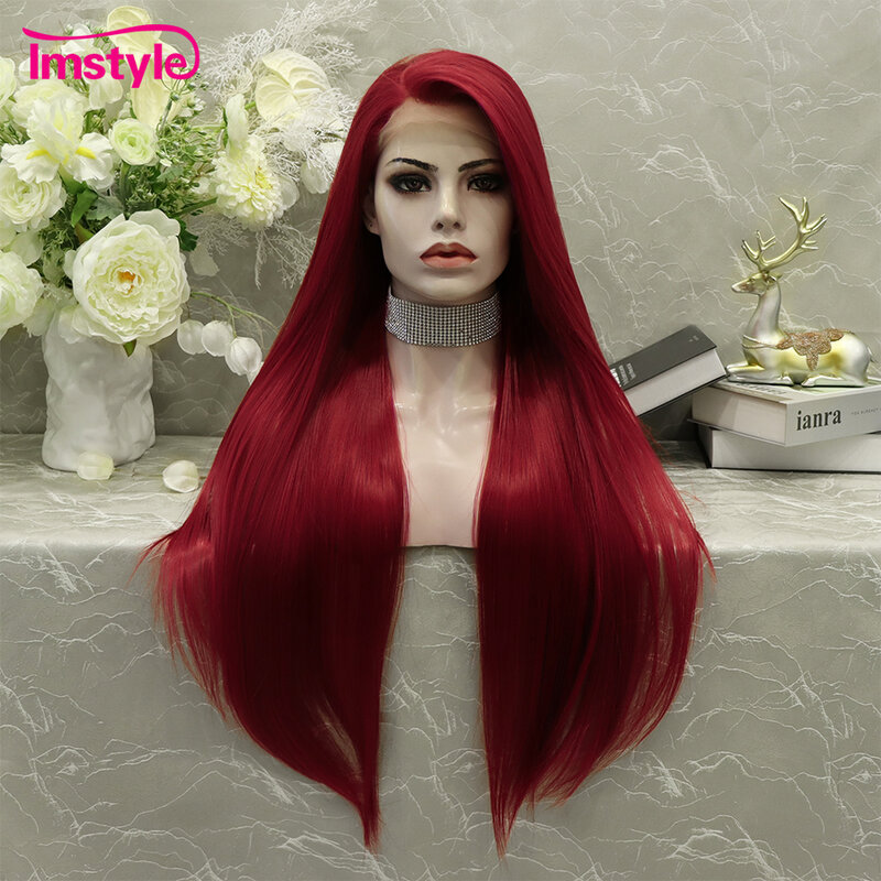 Imstyle Wig sintetis renda merah renda, Wig Cosplay panjang lurus wanita tanpa lem tahan panas, Wig serat Cosplay untuk wanita
