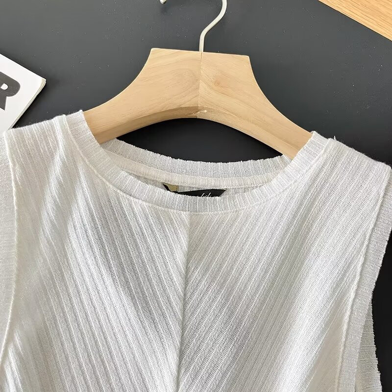 Keyanketian-Camisola feminina sem mangas de linho, pulôver fino, gola O, camisola simples, decoração do nó frontal, moda de lançamento, 2022