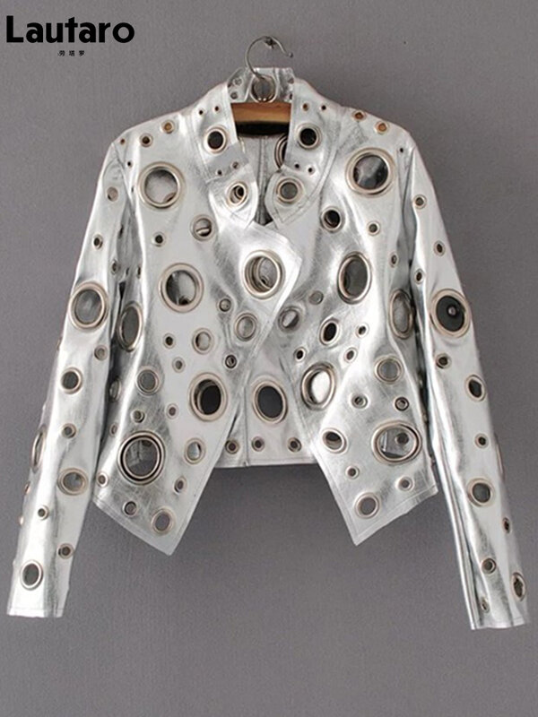 Lautaro Runway recortada jaqueta curta de couro falso para mulheres, rebite dourado, roupas de grife elegantes e legais, moda europeia e americana, 2022