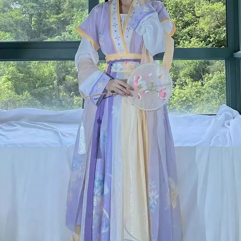 Hanfu الصينية التقليدية للنساء ، زي القديمة ، فستان الأميرة الشرقية ، الأخضر والأصفر ، سلالة تانغ ، ملابس الرقص أنيقة