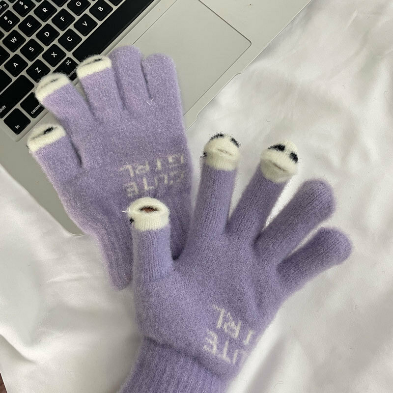 Sarung tangan bulu domba lembut wanita, sarung tangan Mink hangat Panda ujung jari layar sentuh bulu tanpa jari tahan angin luar ruangan