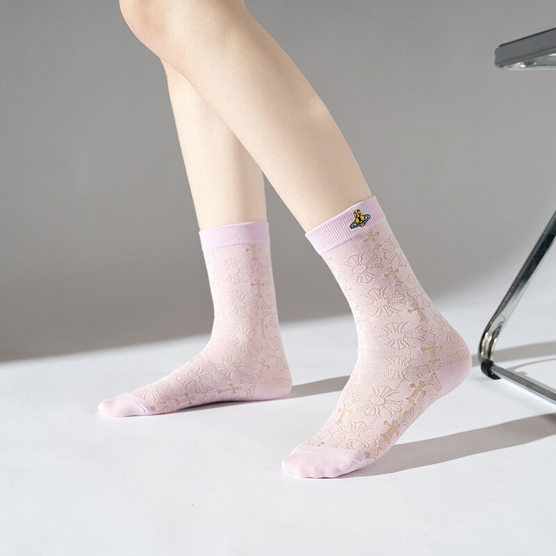5 Paar Trendy Dunne Ijs Zijden Sokken Voor Vrouwen Mesh Geborduurde Mode Veelzijdige Stijl Koele Zomer Stapel Vrouwen Trendy Sokken