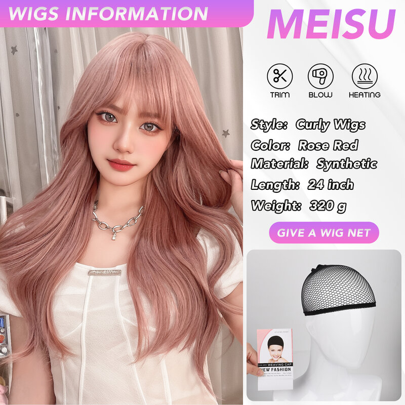 MEISU-pelucas rizadas de fibra sintética para mujer, flequillo de aire, color rosa y marrón, resistente al calor, fiesta Natural o Selfie, 24 pulgadas