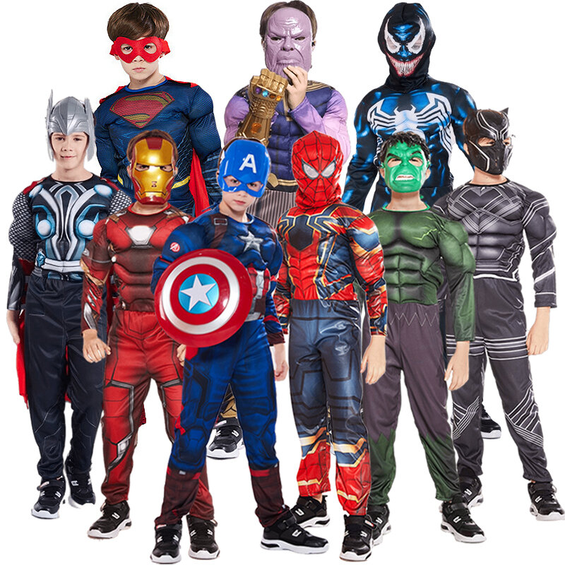 마블 슈퍼 히어로 스파이더맨 캡틴 아메리카 아이언맨 토르 헐크 코스프레 의상, 근육 바디 수트, 어린이 할로윈 파티 점프수트
