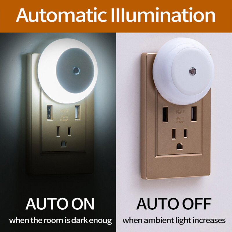 EU Plug LED Round White Night Light Dusk To Dawn Sensor Smart Wall Lamp For Bathroom Bedroom Home Kitchen Corridor Energy Saving