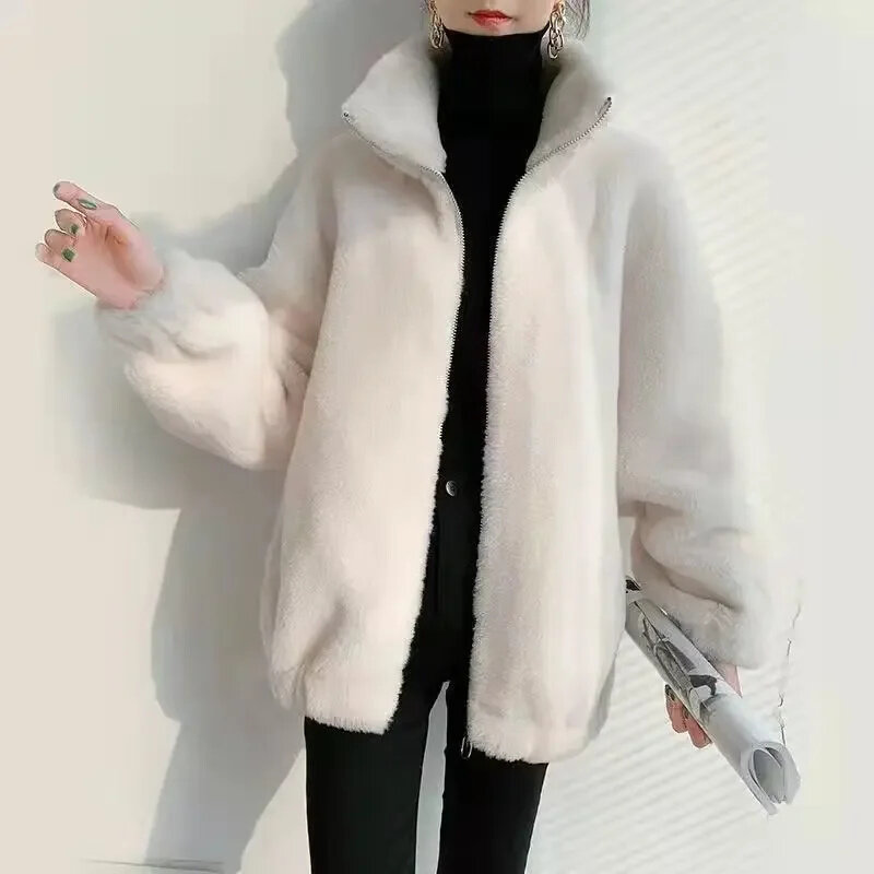 Mantel bulu wol palsu wanita, jaket Sweater musim dingin, jaket bulu domba untuk wanita