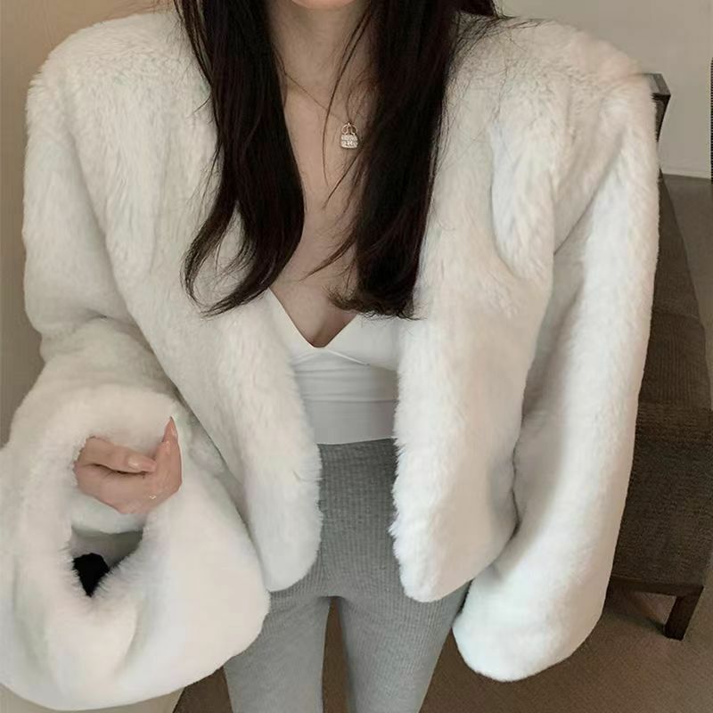 Faux Fur Women Winter Loose Thicker Short Plush V-neck Solid Clothing Stylish All-match Simple Soft Comfortable Casual Design