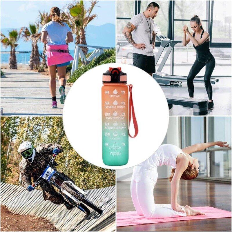 1 Liter Water Bottle Gradual Color Sport Water Jug with Time Marker Leakproof Drinking Gourd for Outdoor Travel Gym Jugs Camping