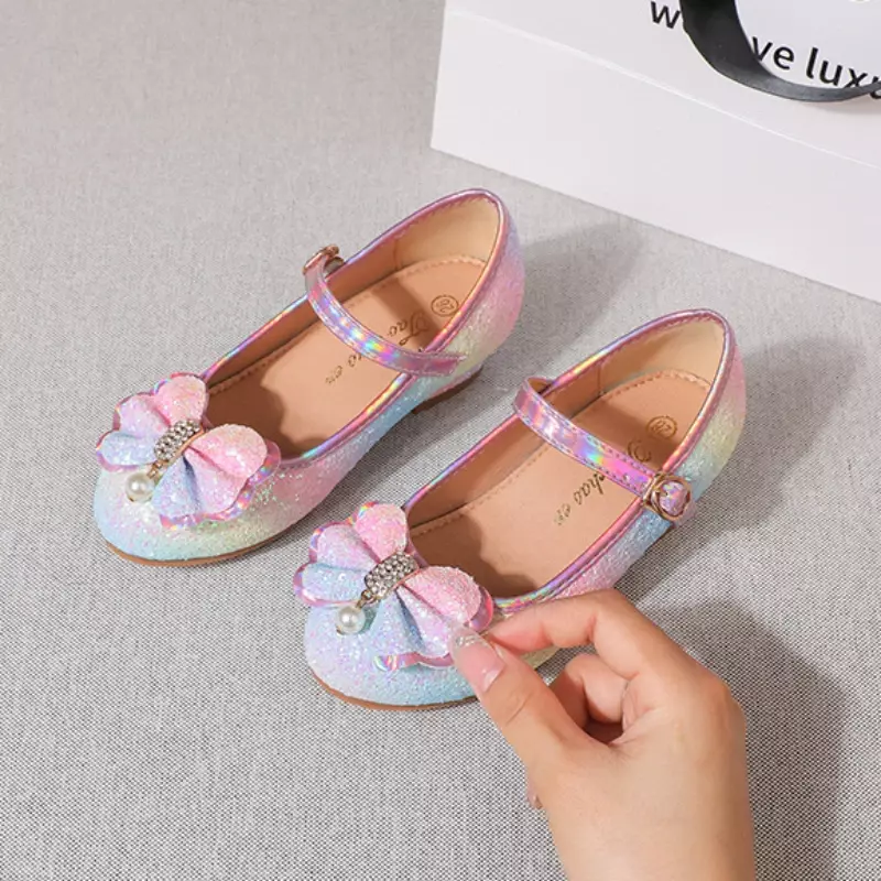 Spring Girls Princess Leather Shoes Rainbow Sequins Children High Heels Fashion Kids Mary Jane Shoes for Wedding Party Bowknot