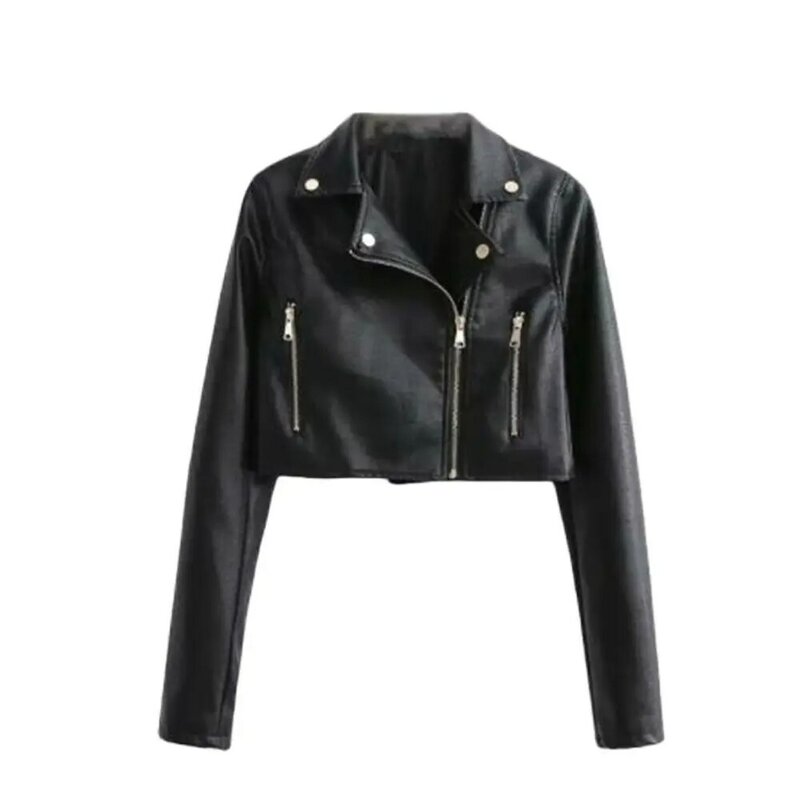 Zipper Fashion Fall 2024 Black Pu Leather Jacket Extra Short Locomotive Leather Coats Motor Vintage Denim Jacket Outerwear Women