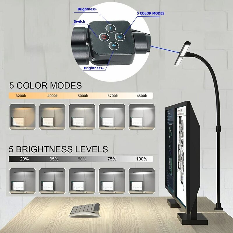 Podwójna głowica LED z klipsem Zdalnie sterowana lampa biurkowa Architekt Lampa stołowa do oświetlenia domowego biurowego 5 trybów kolorów i 5 ściemniania