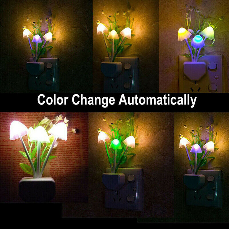 Lampu LED mimpi jamur 7 warna, lampu malam LED baru lampu malam steker EU & US induksi jamur 220V