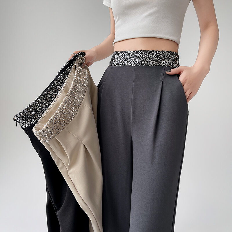 Women's Sequined Waist Boot Cut Suit Pants Lady Streetwear High Waist Slim Flare Full Length Pants