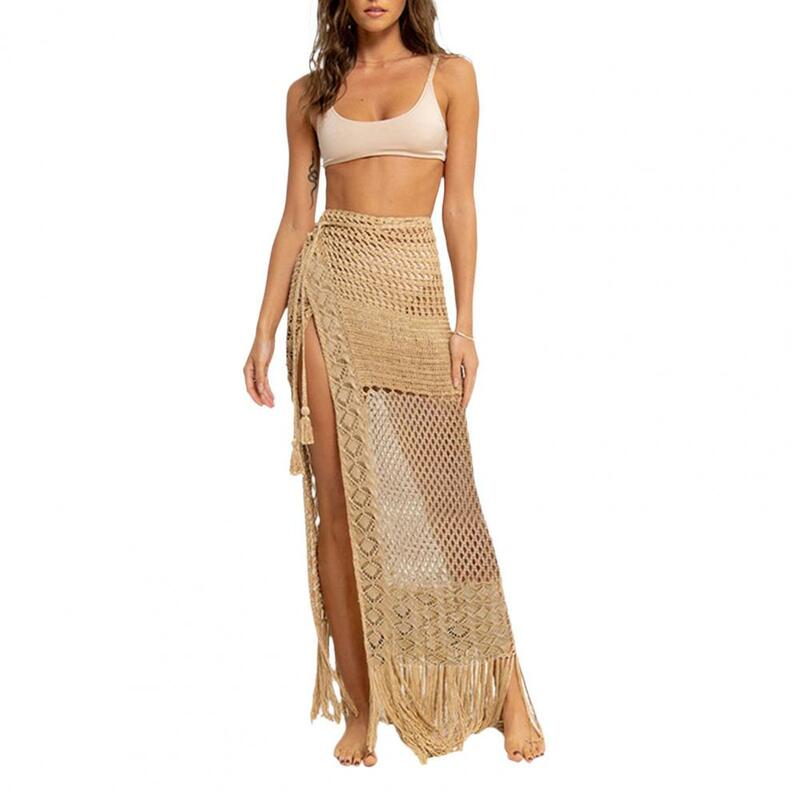 Hollow Out Skirt Bohemian Tassel Beach Skirt with High Waist See-through Design for Women Floor Length Split Cover-up for Bikini