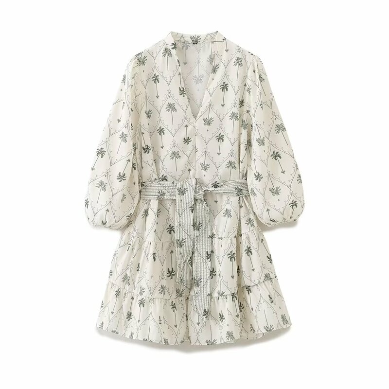 Mini vestido plissado de manga curta feminino com cinto, estampa retrô, gola V, largo, casual, novo, moda verão