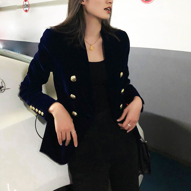 Baru Musim Semi Fashion Wanita Tengah Malam Navy Ramping Beludru Blazer Wanita Kantor Kancing Dua Baris Setelan Jaket Mantel Perempuan Pesta Pakaian Hadiah