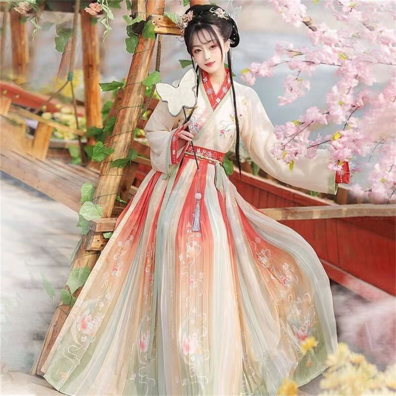 Vestido bordado floral tradicional para mulheres, traje de desempenho de fadas, dança chinesa, antigo hanfu