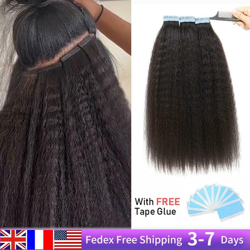 MRS HAIR Kinky Straight Tape in Extensions Tape Extensions Human Hair Cuticle Remy Yaki Tape in Hair Extensions 12-26 inch 20pcs