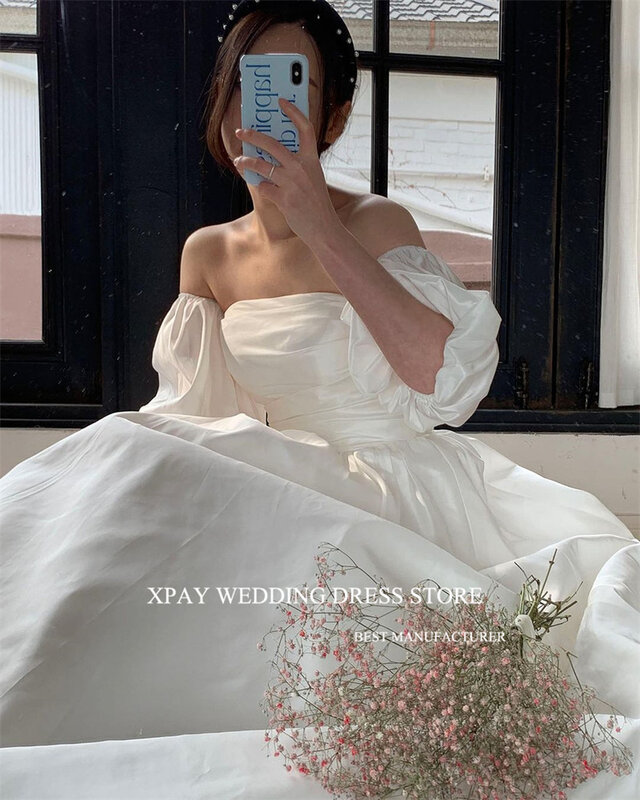 XPAY-A Line tafetá Puff mangas curtas vestidos de casamento, espartilho Vestidos De Noiva Voltar, simples vestido de volta, Coréia, Photo Shoot, Plus Size