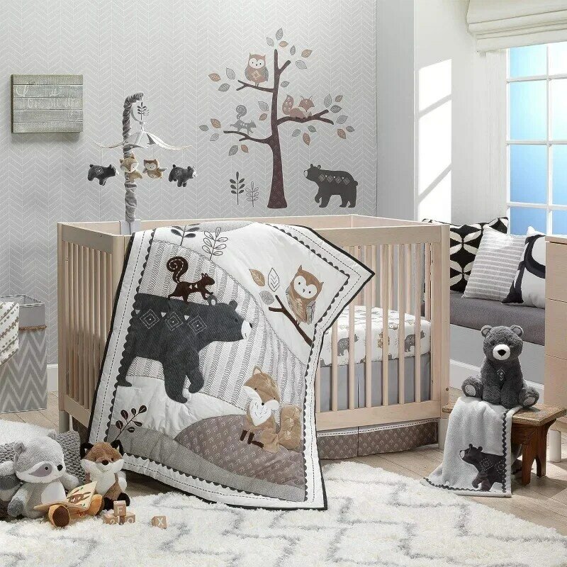 Set di biancheria da letto per culla in 5 pezzi per la scuola materna degli animali della foresta di agnelli e edera-grigio