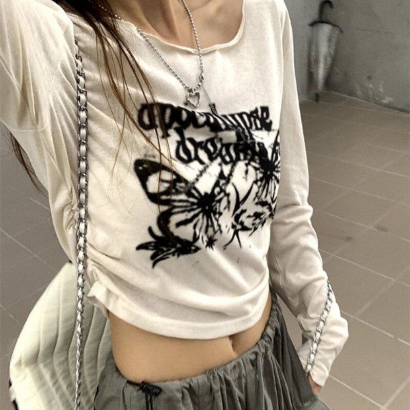 Deeptown-camiseta recortada vintage feminina, estampa gráfica, camiseta de manga comprida Kpop, estética grunge, harajuku, Y2k, verão