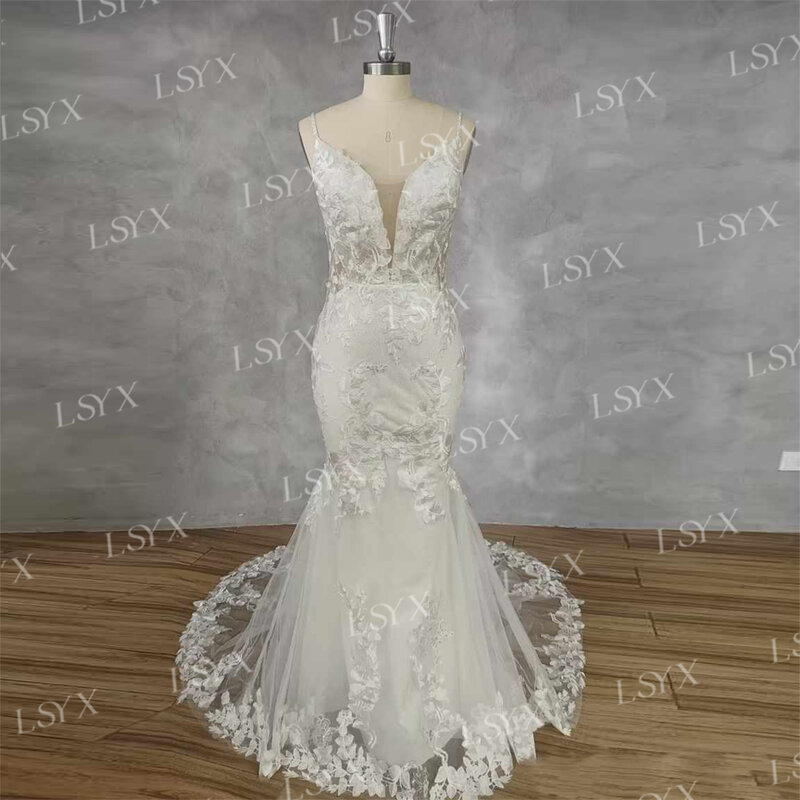 LSYX z głębokim dekoltem w serek aplikacje bez rękawów błyszcząca tiulowa biała syrenka suknia ślubna 2024 bez pleców dworska suknia ślubna wykonana na zamówienie