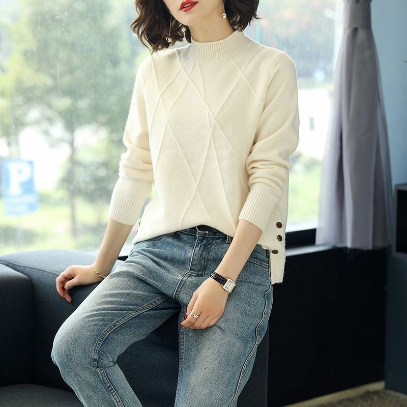 Casual Short Split Hem Sweaters Autumn Winter New Long Sleeve Solid Button Knitting Pullovers Vintage Fashion Women Clothing
