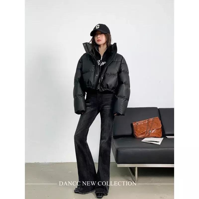 アメリカンバイカーレディースpuふくらんでいるコート、冬のレトロなトリミング、カジュアルな厚手の暖かい女性、長袖ルーズコットンダウンコート