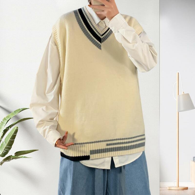 Streetwear Sweter Rompi Pria Harajuku Pola Garis Leher V Sweter Pria Pullover Musim Gugur Siswa Musim Semi Sweater Свитер Оверсайз