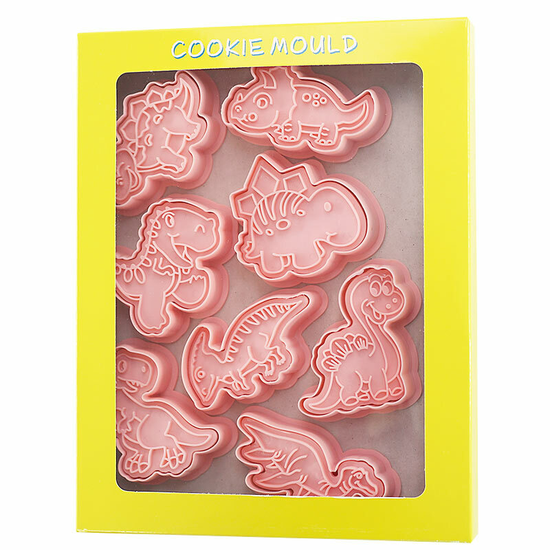 Cortador de galletas de plástico 3D, 8 unids/set, forma de dinosaurio, molde para galletas Pressable de dibujos animados, sello para galletas, utensilios de pastelería para Cocina