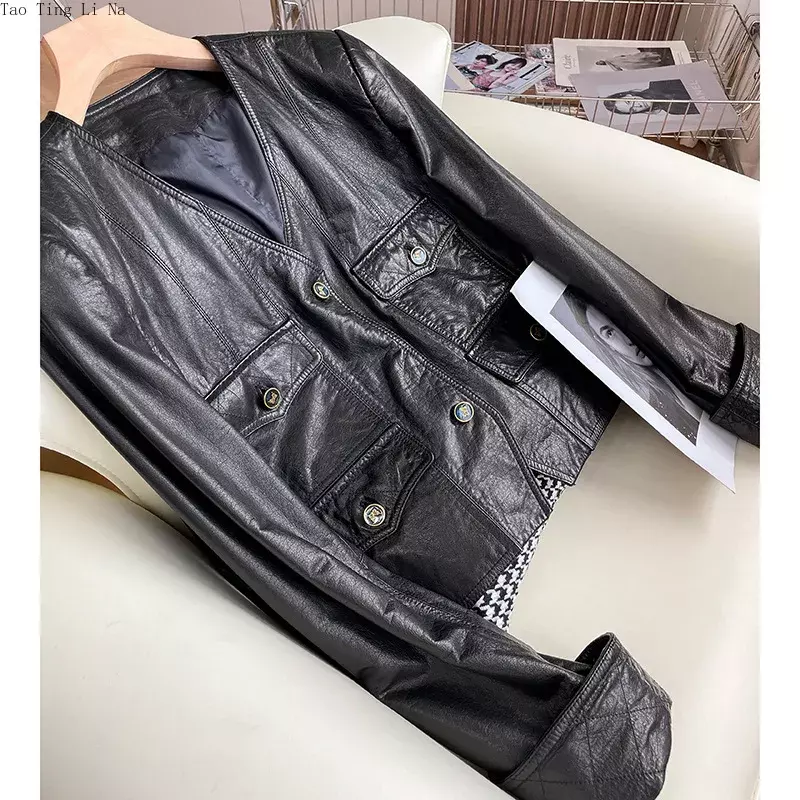 Jaqueta de couro de bezerro real high-end para mulheres, jaqueta retrô com decote em v, W35, 2023