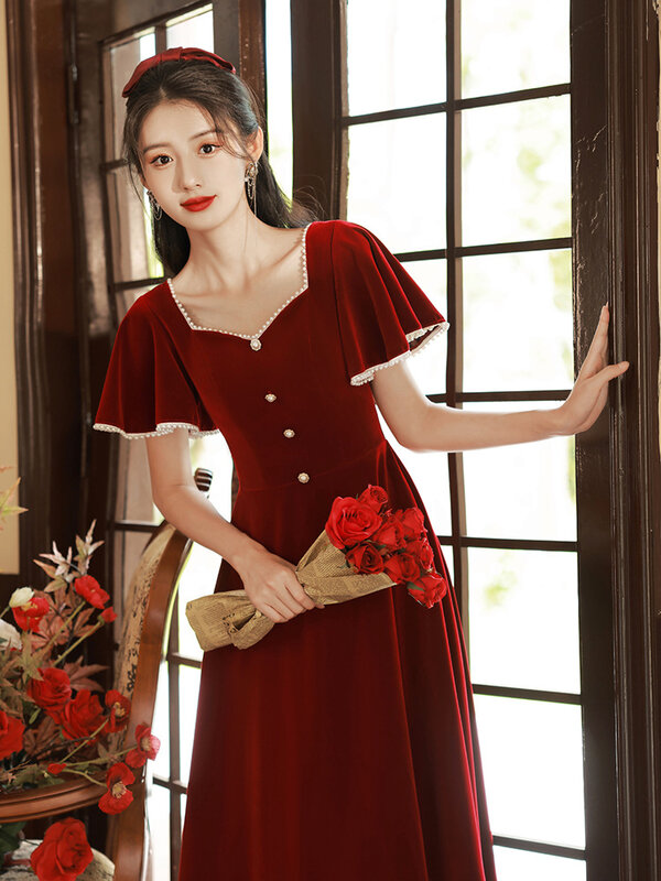 Dark Red Velvet Evening Dresses Pearls Beading Square Collar Short Sleeve A-Line Party Gown Female Formal Dress