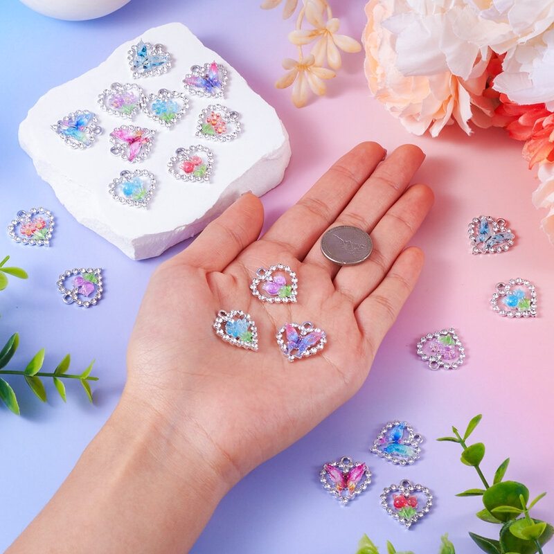 20 sztuk stop Rhinestone serce z kwiatami wisiorki w kształcie motyla Charms dla DIY kolczyki naszyjnik tworzenia biżuterii