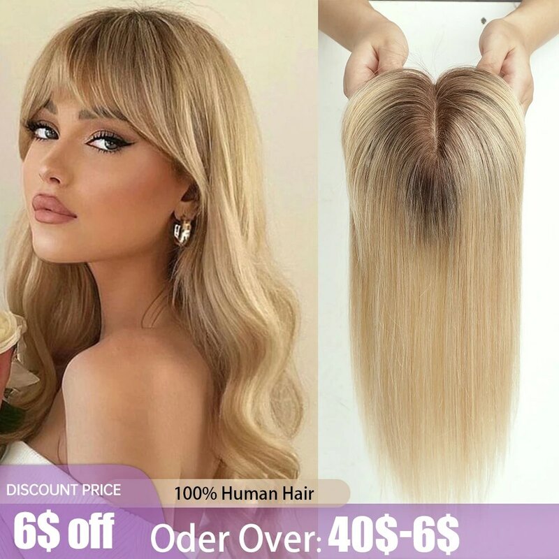 Blonde Human Hair Toppers with Bangs Dark Root Straight Remy Human Hair Silk Base Topper Clip in Hair Extensions for Women Daily