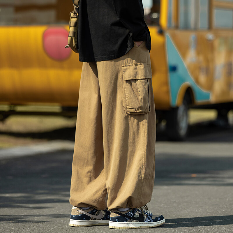 와이드 레그 팬츠 사계절 캐주얼 루즈 코튼 배기 카고 팬츠 Y2k Cityboy 패션 고품질 오버사이즈 바지, 남성용 넓은 다리 바지