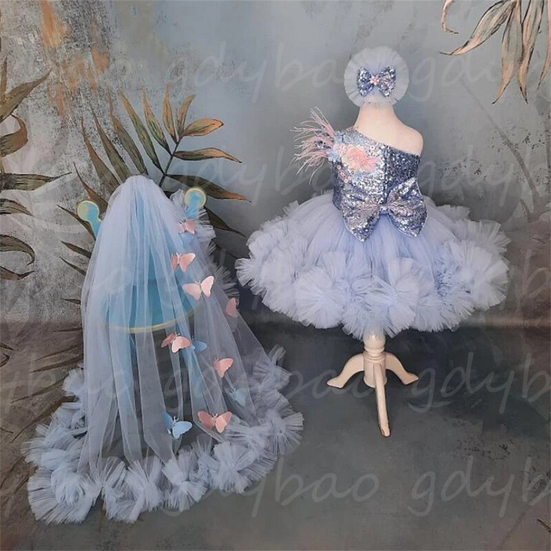 Urocza dziewczęca sukienka w kwiaty na ślub 3D aplikacja z cekinami błyszczący tiul bufiasty jedno ramię przyjęcie urodzinowe pierwsza komunia suknie balowe