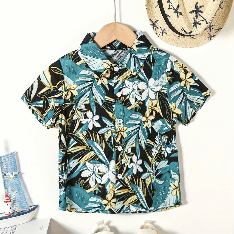 Camisa de lapela manga curta para meninos, estilo de festa havaiano, floral e folha estampa completa, tops de verão infantil