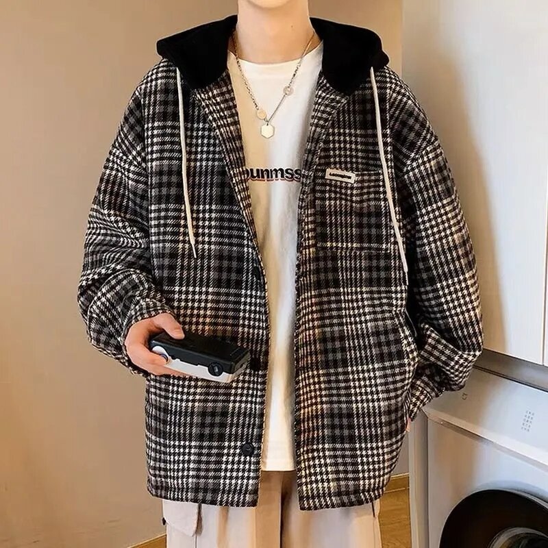 Giacca scozzese con cappuccio da uomo 2023 autunno inverno nuovo stile Hong Kong giacca Casual allentata All-match Trend Cardigan maglione pendolare