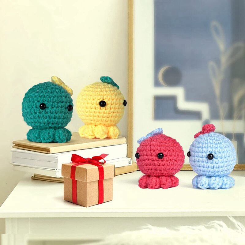 Kit de polvo de crochê para iniciantes, Tricô polvo, Grande presente para amantes de crochê, Kit Animal Crochet com vídeo passo a passo, 4PCs