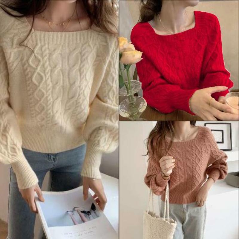 Sweater wanita Lengan lentera, baju Sweater lengan lentera musim gugur dan musim dingin, baju Pullover leher persegi, kemeja Bottoming longgar