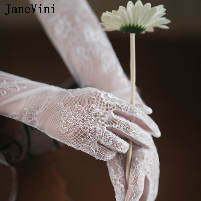 Janevini guantes largos elegantes ถุงมือลูกไม้ยาว60ซม. ถุงมือเจ้าสาวเจ้าสาวเต็มนิ้วสีขาวเครื่องประดับงานปาร์ตี้